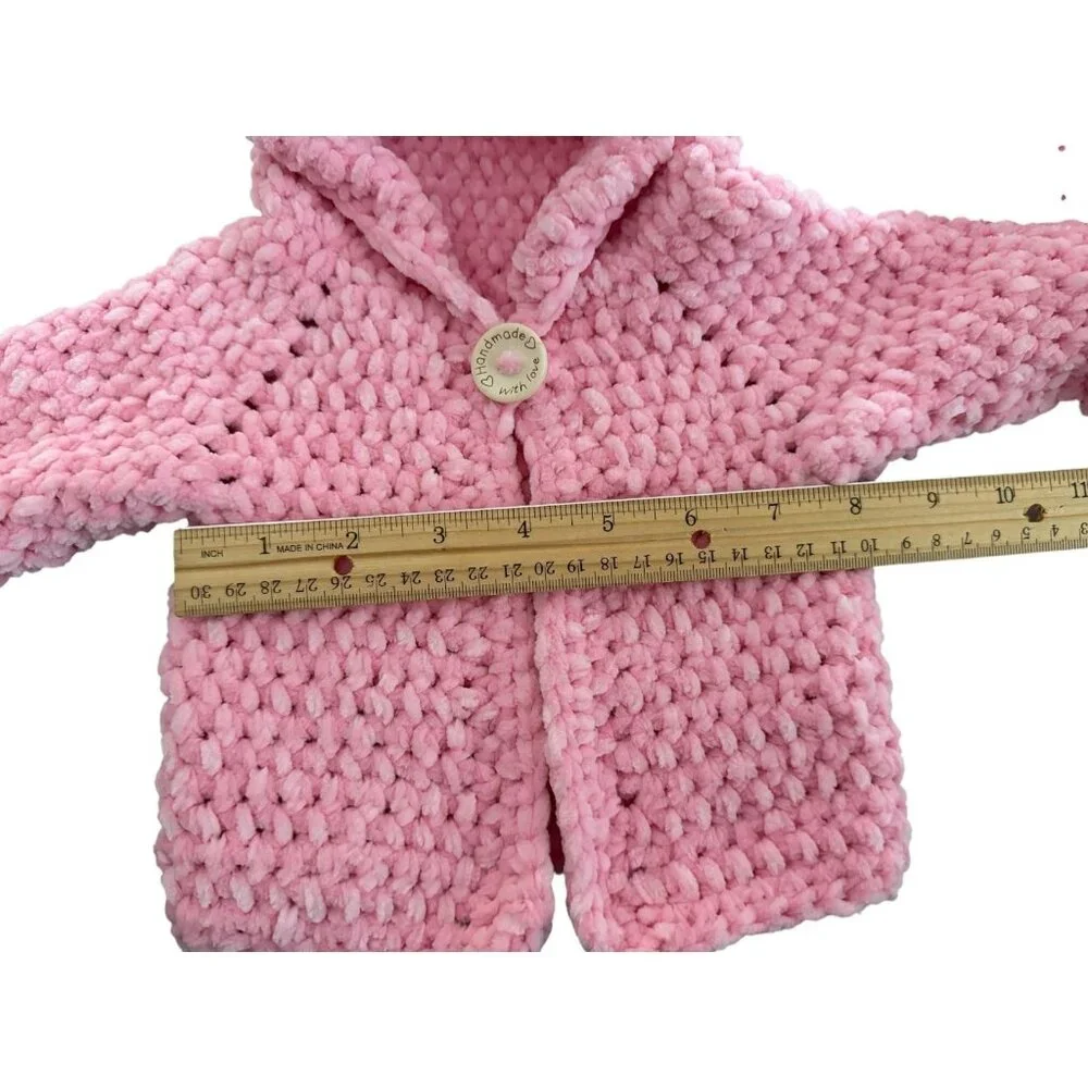 Handmade Pink Chenille Newborn Baby Hoodie & Booties Set Bear Ears Soft Plush - Picture 15 of 16